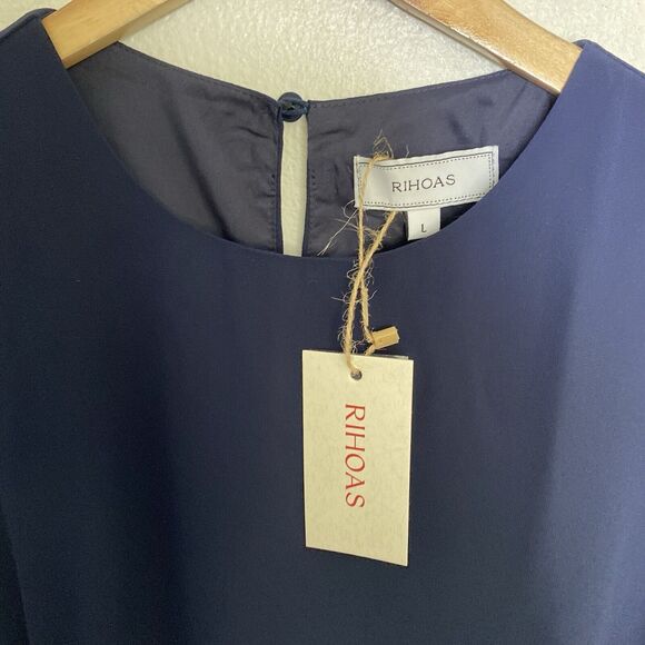 New Rihoas Navy Round Neck Side Split Mini Dress Button Detail Women’s Large - Picture 5 of 13